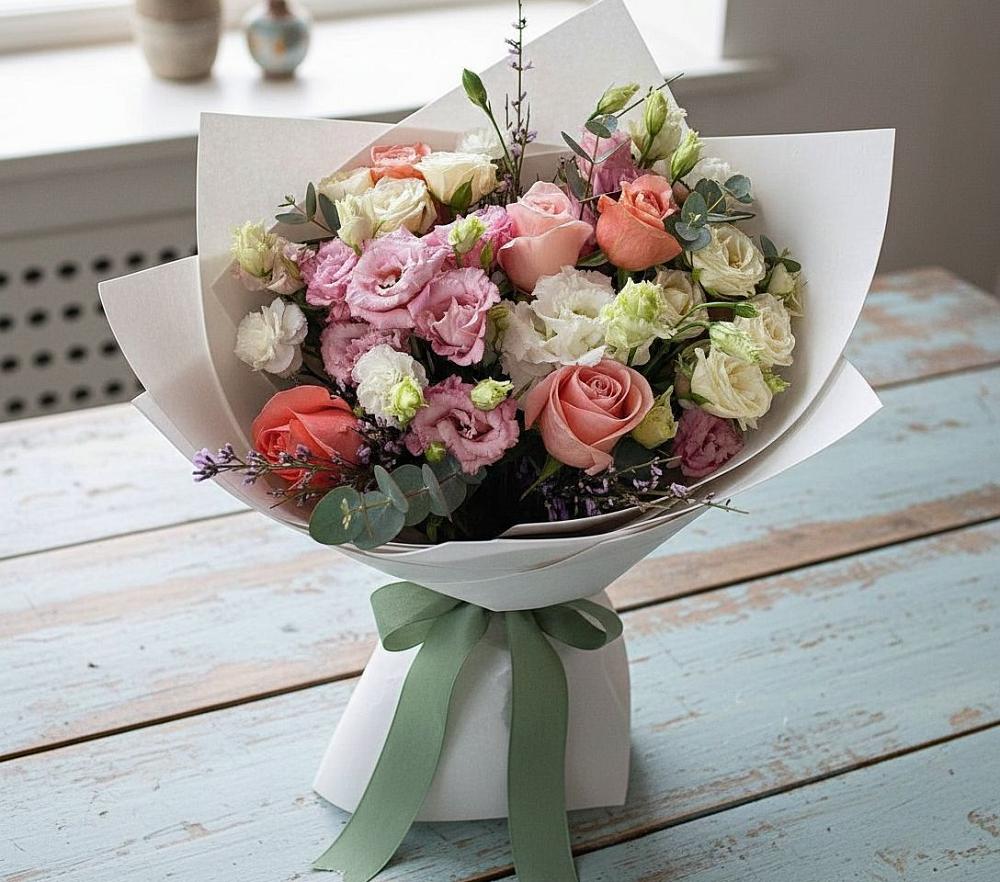 Букет цветов из: Розы, Лизиантусы и Гвоздики в Новом Кяхулае